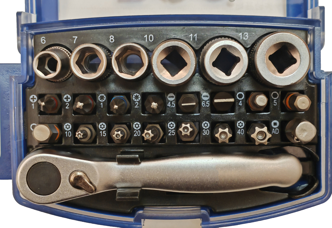 Schroevendraaier en Socket &amp; bit set 1/4 &quot;drive 25 stuks S2/CR-V staal met draaiende riem clip Mini ratchet spanner