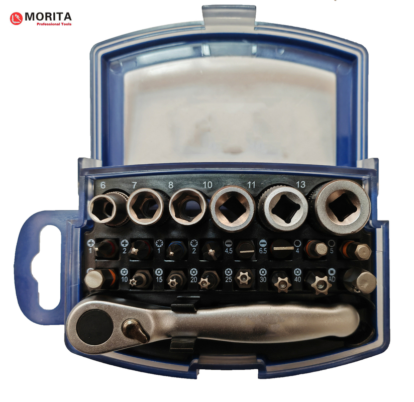 Schroevendraaier en Socket &amp; bit set 1/4 &quot;drive 25 stuks S2/CR-V staal met draaiende riem clip Mini ratchet spanner